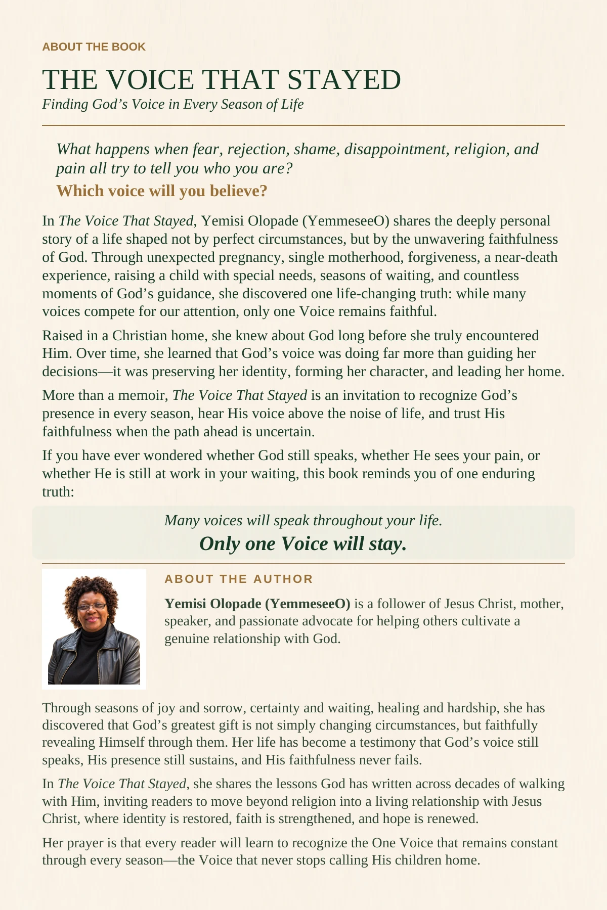 Back cover of The Voice That Stayed, including the book description and author biography