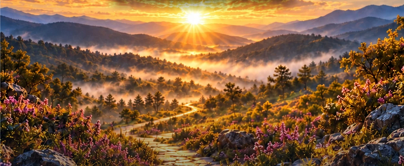 A winding path through a sunlit mountain valley from The Voice That Stayed cover artwork