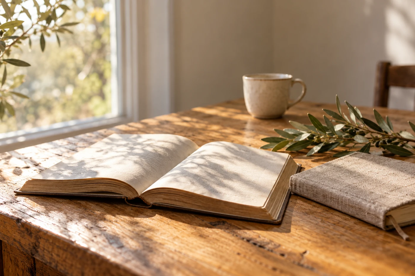Morning light falls across an open book and a linen journal